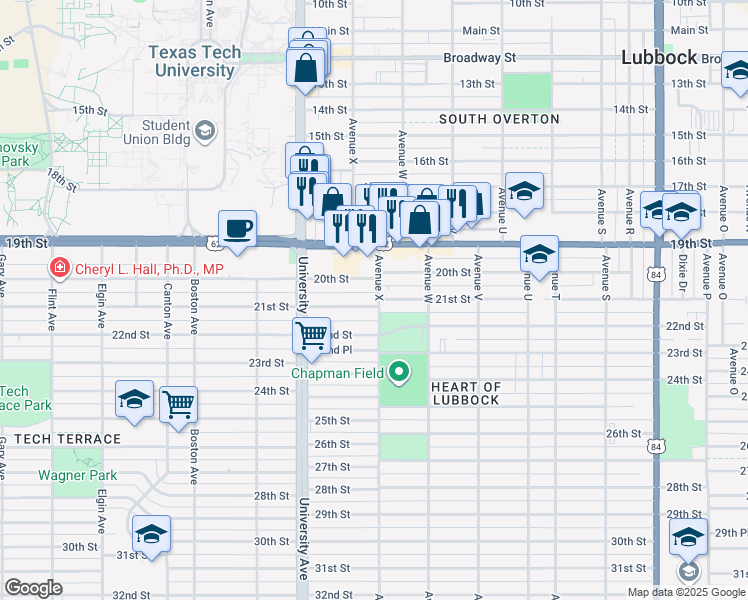 map of restaurants, bars, coffee shops, grocery stores, and more near 2402 21st Street in Lubbock