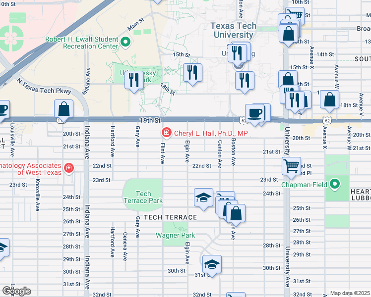 map of restaurants, bars, coffee shops, grocery stores, and more near 3002 21st Street in Lubbock