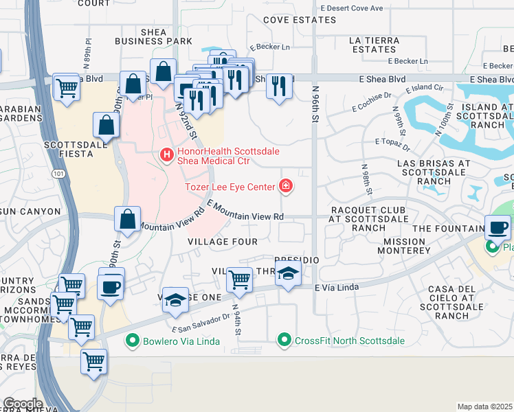 map of restaurants, bars, coffee shops, grocery stores, and more near 9450 East Mountain View Road in Scottsdale