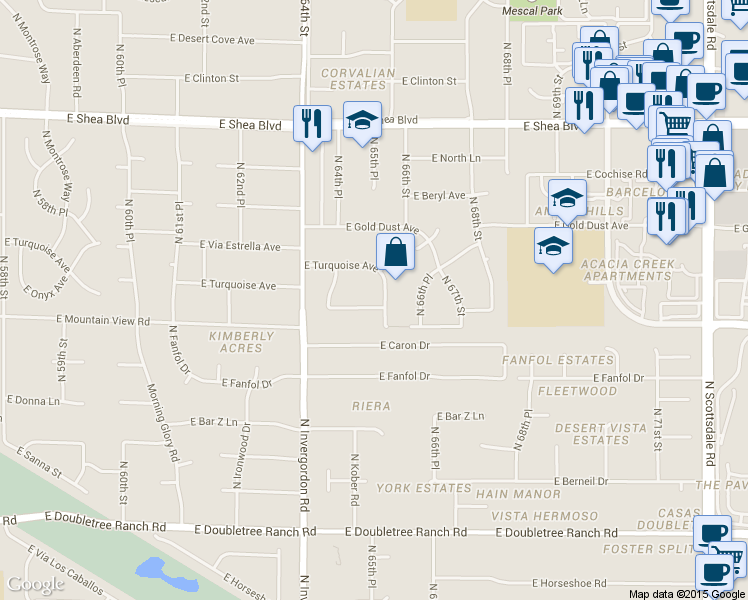 map of restaurants, bars, coffee shops, grocery stores, and more near 9818 North 65th Place in Paradise Valley