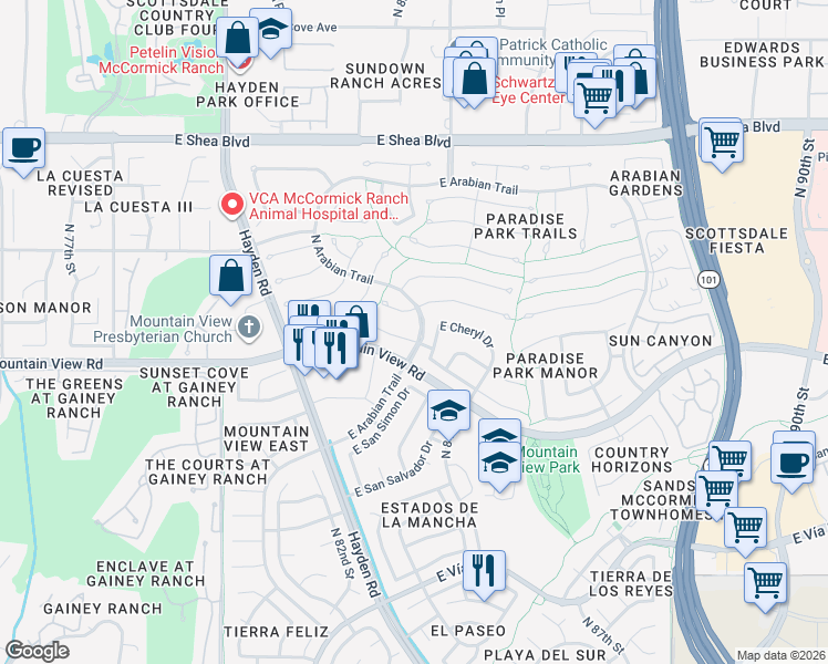 map of restaurants, bars, coffee shops, grocery stores, and more near 8320 East Thoroughbred Trail in Scottsdale