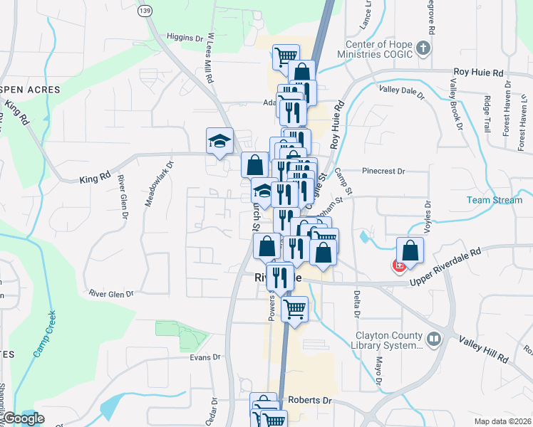 map of restaurants, bars, coffee shops, grocery stores, and more near 6550 Church Street in Riverdale