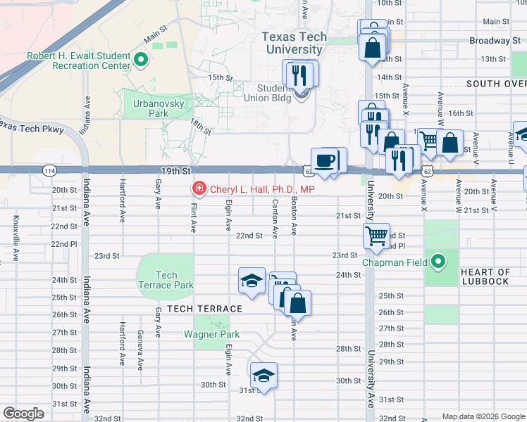map of restaurants, bars, coffee shops, grocery stores, and more near 2808 21st Street in Lubbock