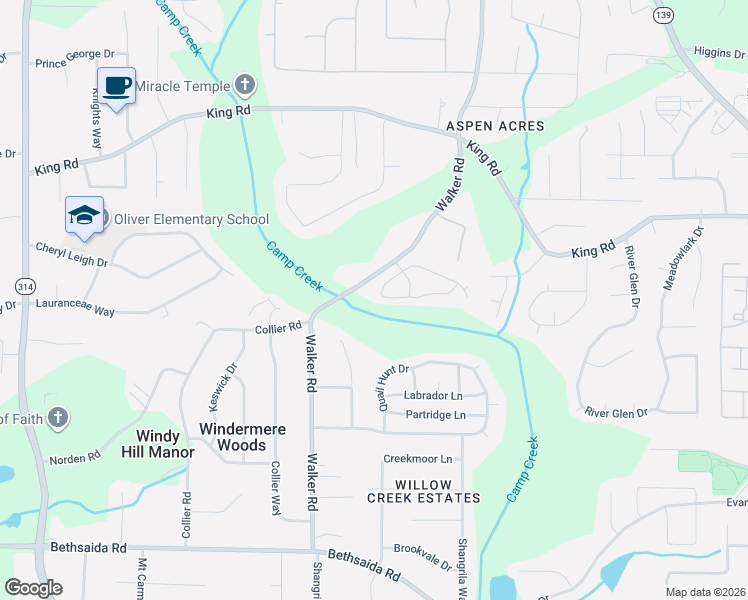 map of restaurants, bars, coffee shops, grocery stores, and more near 1332 Creekview Circle in Riverdale