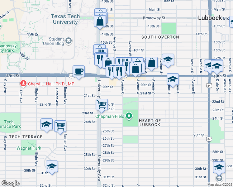 map of restaurants, bars, coffee shops, grocery stores, and more near 2410 21st Street in Lubbock