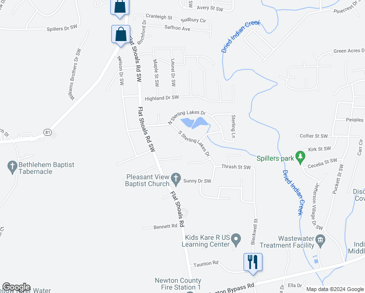 map of restaurants, bars, coffee shops, grocery stores, and more near 9117 Sterling Lakes Circle in Covington