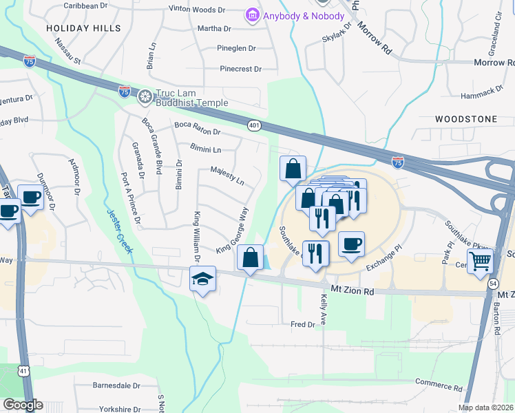 map of restaurants, bars, coffee shops, grocery stores, and more near 6540 King George Way in Morrow