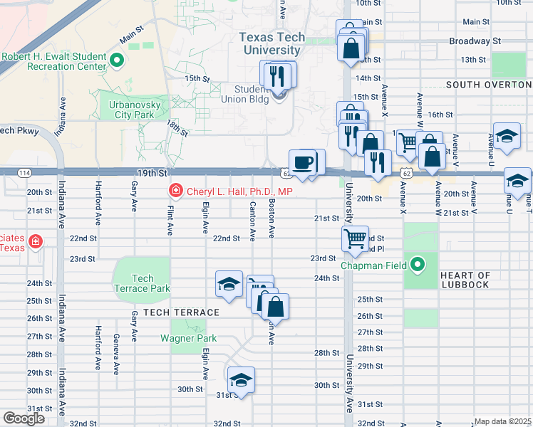 map of restaurants, bars, coffee shops, grocery stores, and more near 2702 21st Street in Lubbock