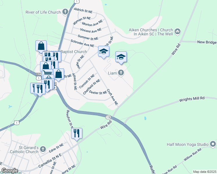 map of restaurants, bars, coffee shops, grocery stores, and more near 1016 Croft Avenue Northeast in Aiken