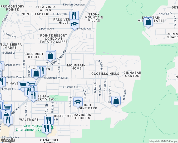 map of restaurants, bars, coffee shops, grocery stores, and more near 1521 East Ironwood Drive in Phoenix