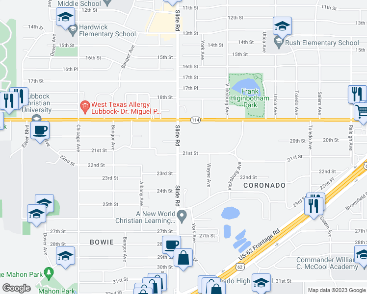 map of restaurants, bars, coffee shops, grocery stores, and more near 5050 21st Street in Lubbock