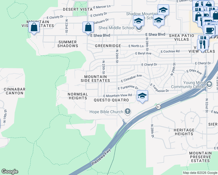 map of restaurants, bars, coffee shops, grocery stores, and more near 2516 East Turquoise Avenue in Phoenix