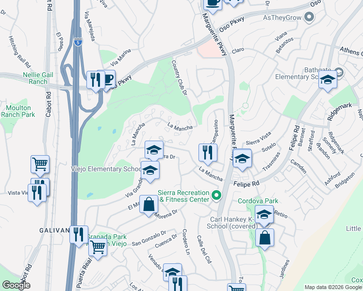 map of restaurants, bars, coffee shops, grocery stores, and more near 26644 Guadiana in Mission Viejo