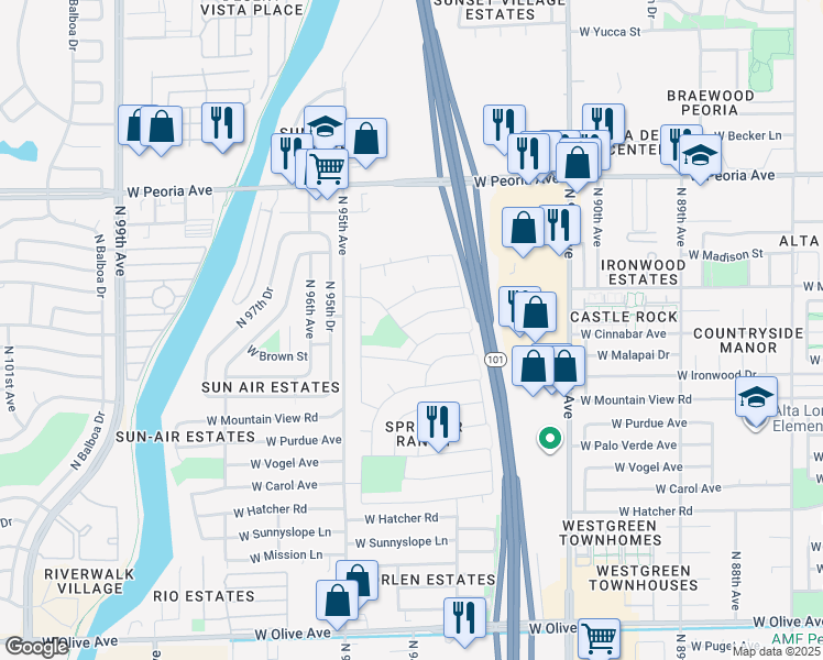 map of restaurants, bars, coffee shops, grocery stores, and more near 9331 West Gold Dust Avenue in Peoria