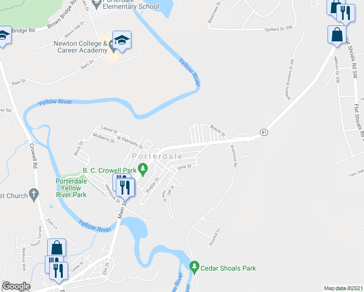 map of restaurants, bars, coffee shops, grocery stores, and more near 51 Highway 81 in Porterdale