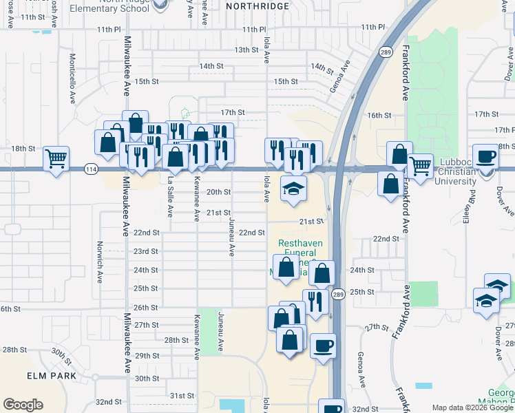 map of restaurants, bars, coffee shops, grocery stores, and more near 6104 21st St in Lubbock