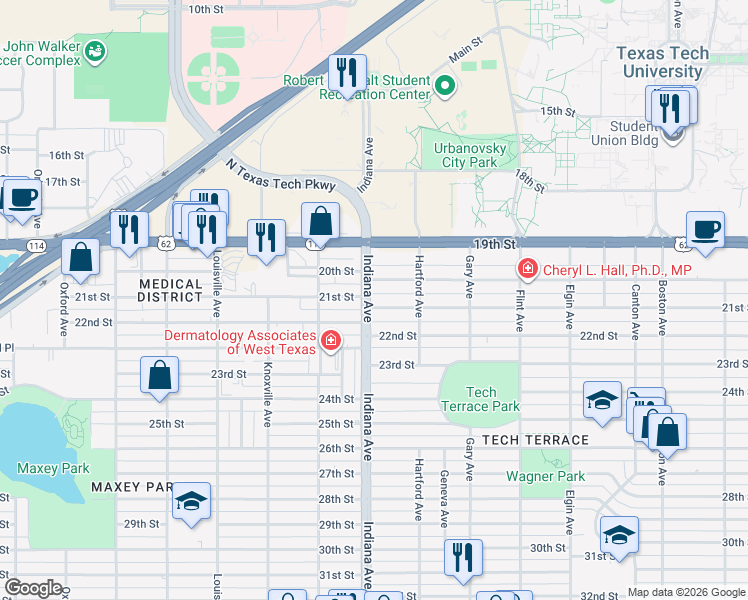map of restaurants, bars, coffee shops, grocery stores, and more near 3324 21st Street in Lubbock