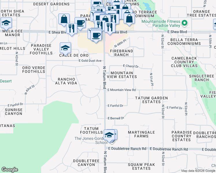 map of restaurants, bars, coffee shops, grocery stores, and more near 4800 East Mountain View Road in Paradise Valley
