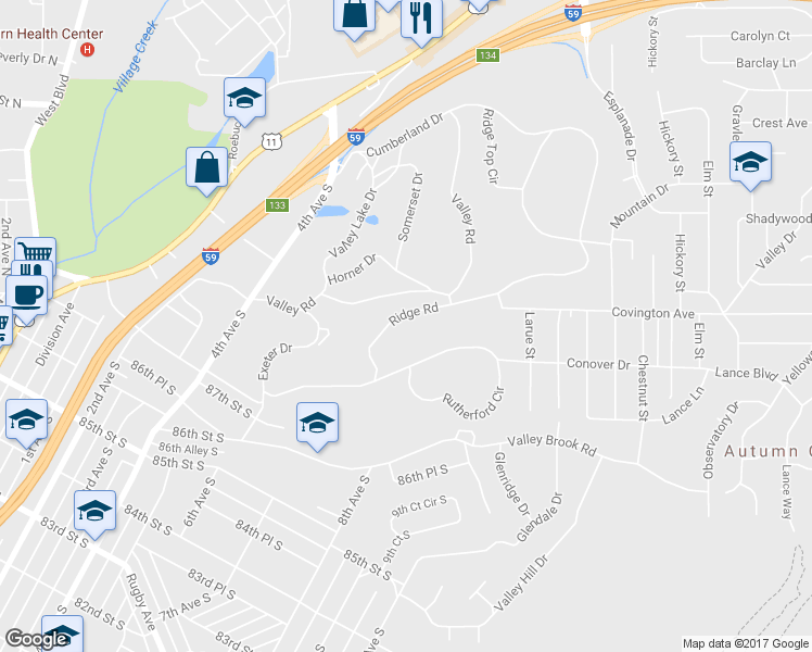 map of restaurants, bars, coffee shops, grocery stores, and more near 520 Ridge Road in Birmingham