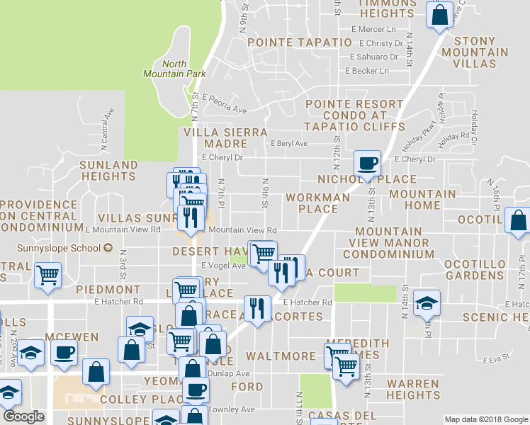 map of restaurants, bars, coffee shops, grocery stores, and more near 899 East Ironwood Drive in Phoenix