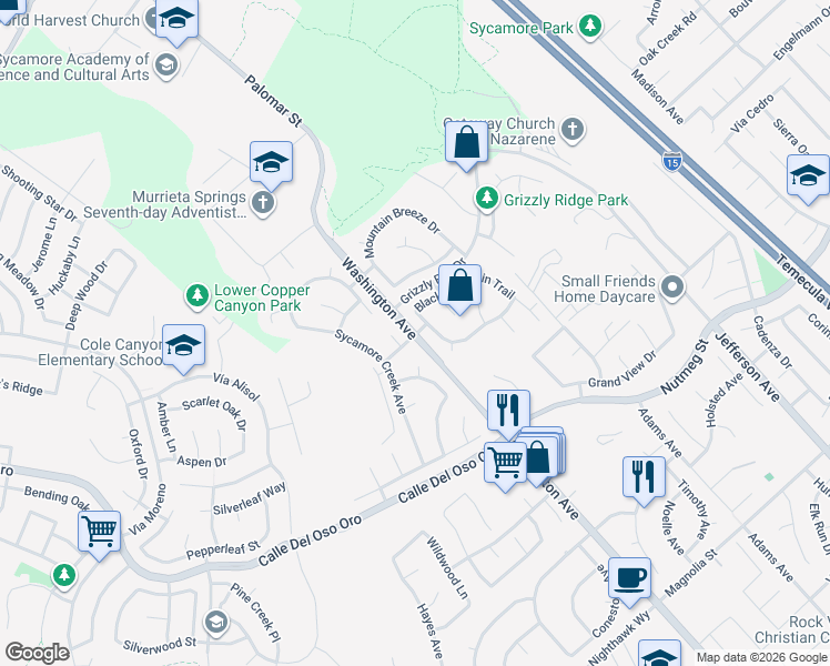 map of restaurants, bars, coffee shops, grocery stores, and more near 23650 Washington Avenue in Murrieta