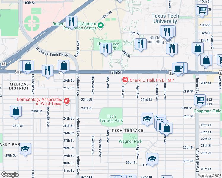 map of restaurants, bars, coffee shops, grocery stores, and more near 3122 21st St in Lubbock