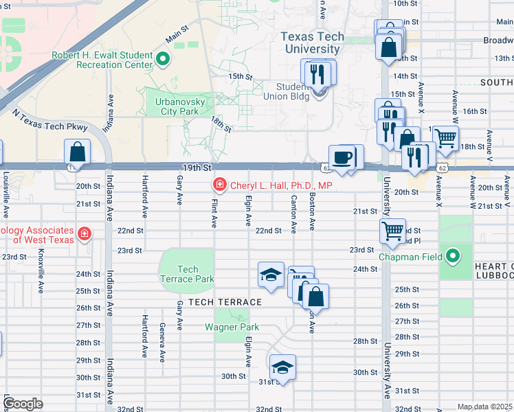 map of restaurants, bars, coffee shops, grocery stores, and more near 2912 21st Street in Lubbock