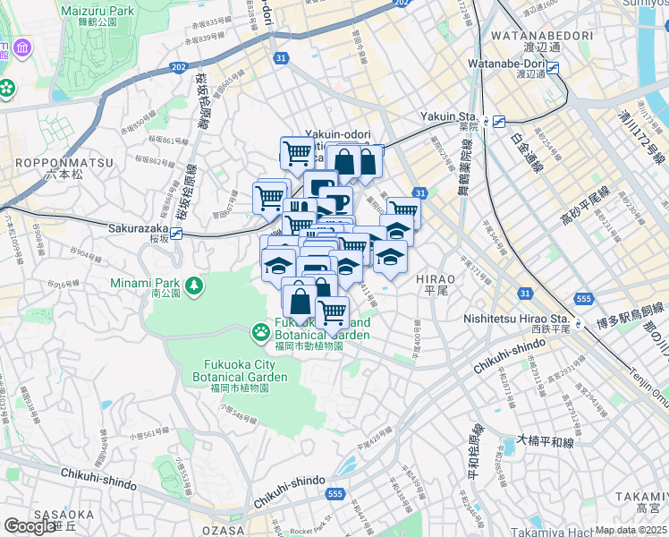map of restaurants, bars, coffee shops, grocery stores, and more near  in Fukuoka-shi