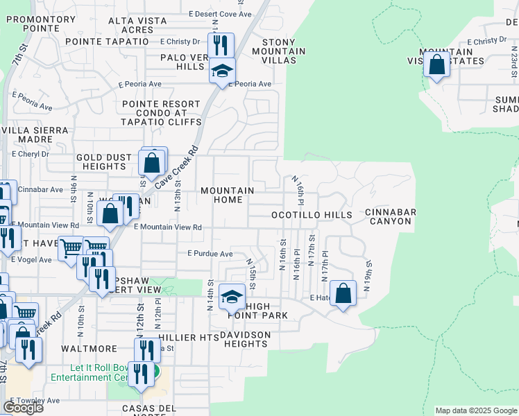 map of restaurants, bars, coffee shops, grocery stores, and more near 1515 East Ironwood Drive in Phoenix