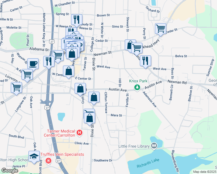 map of restaurants, bars, coffee shops, grocery stores, and more near 204 Austin Avenue in Carrollton