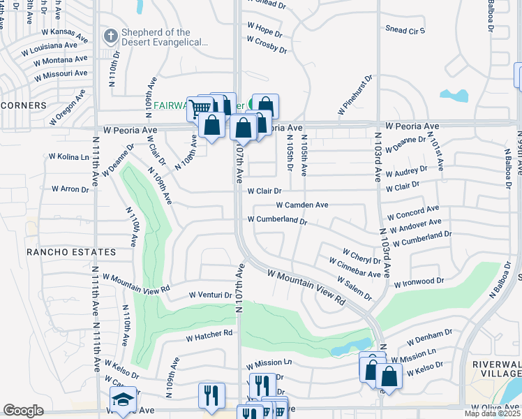 map of restaurants, bars, coffee shops, grocery stores, and more near 10613 W Camden Ave in Sun City