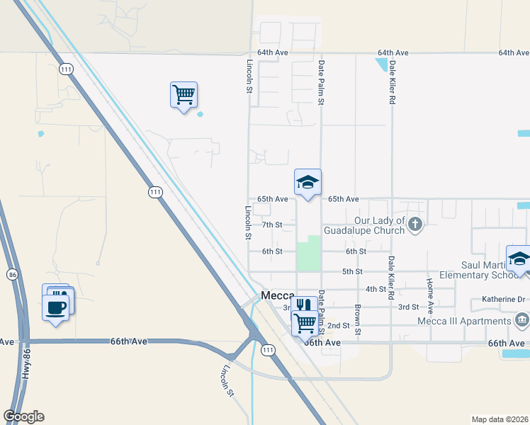 map of restaurants, bars, coffee shops, grocery stores, and more near 91020 7th Street in Mecca