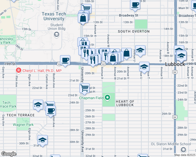 map of restaurants, bars, coffee shops, grocery stores, and more near 2408 21st Street in Lubbock