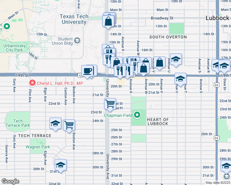map of restaurants, bars, coffee shops, grocery stores, and more near 2426 21st Street in Lubbock