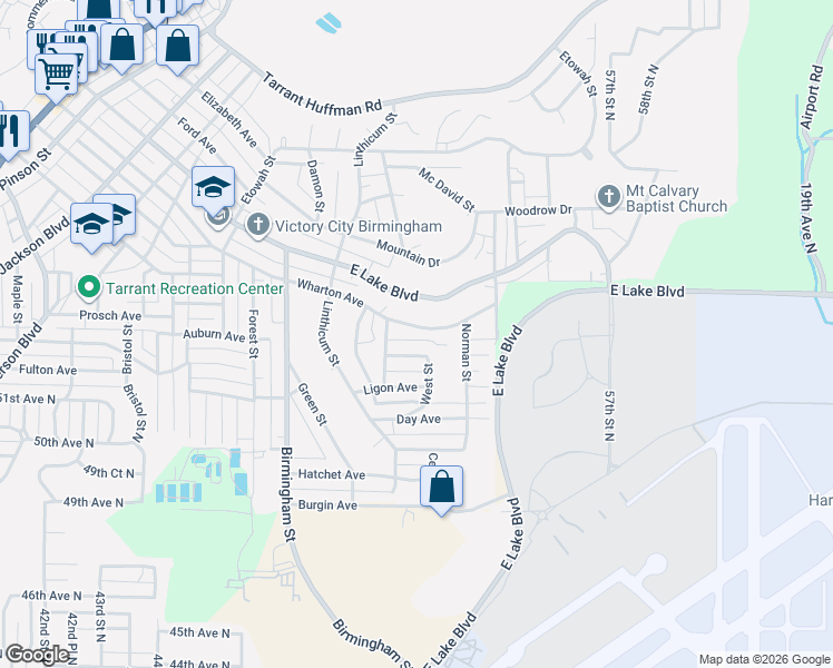 map of restaurants, bars, coffee shops, grocery stores, and more near 1829 Wharton Avenue in Birmingham