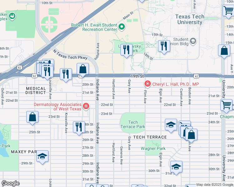 map of restaurants, bars, coffee shops, grocery stores, and more near 3212 21st St in Lubbock