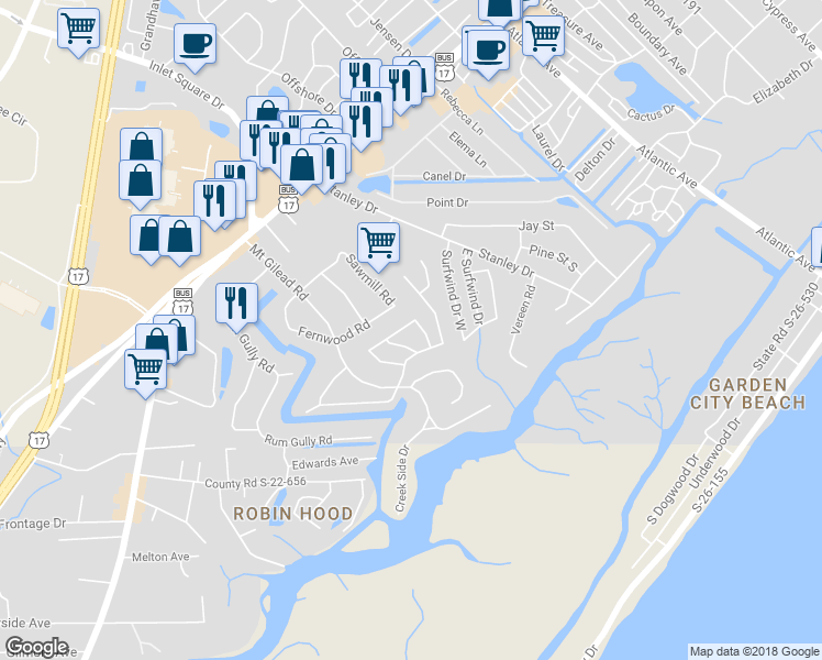 map of restaurants, bars, coffee shops, grocery stores, and more near 62 Mount Gilead Road in Murrells Inlet