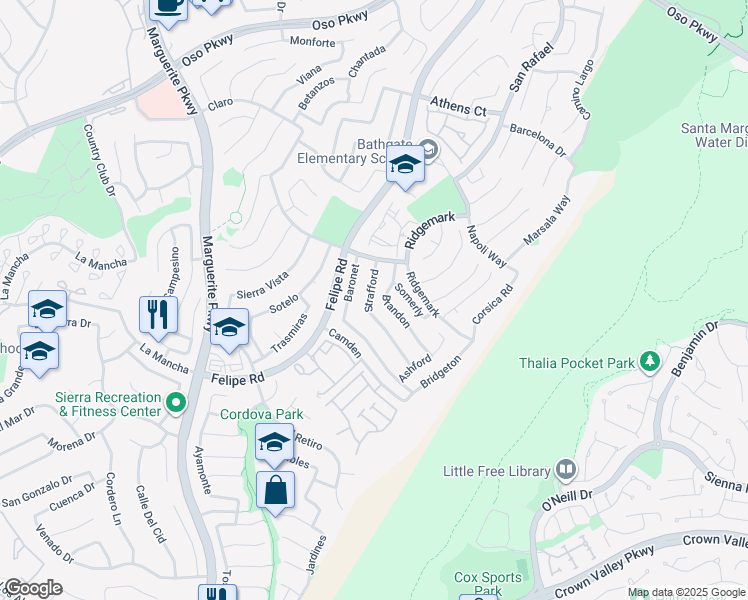 map of restaurants, bars, coffee shops, grocery stores, and more near 26612 Strafford in Mission Viejo