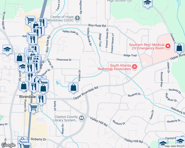 map of restaurants, bars, coffee shops, grocery stores, and more near 366 River Oak Drive in Riverdale