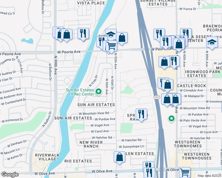 map of restaurants, bars, coffee shops, grocery stores, and more near 10108b North 95th Drive in Peoria