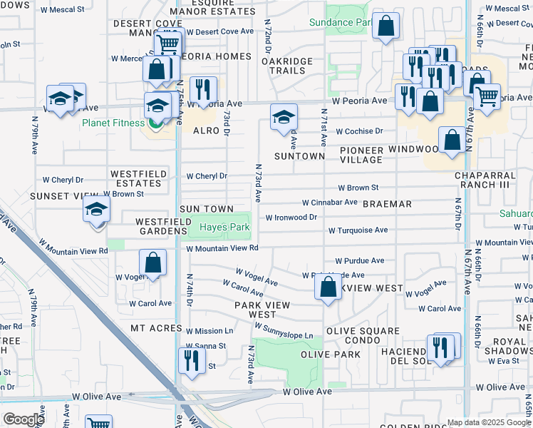 map of restaurants, bars, coffee shops, grocery stores, and more near 7244 West Ironwood Drive in Peoria