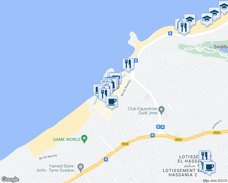 map of restaurants, bars, coffee shops, grocery stores, and more near Boulevard de Biarritz in Casablanca