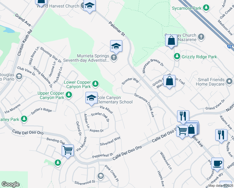 map of restaurants, bars, coffee shops, grocery stores, and more near 42206 Kimberly Way in Murrieta