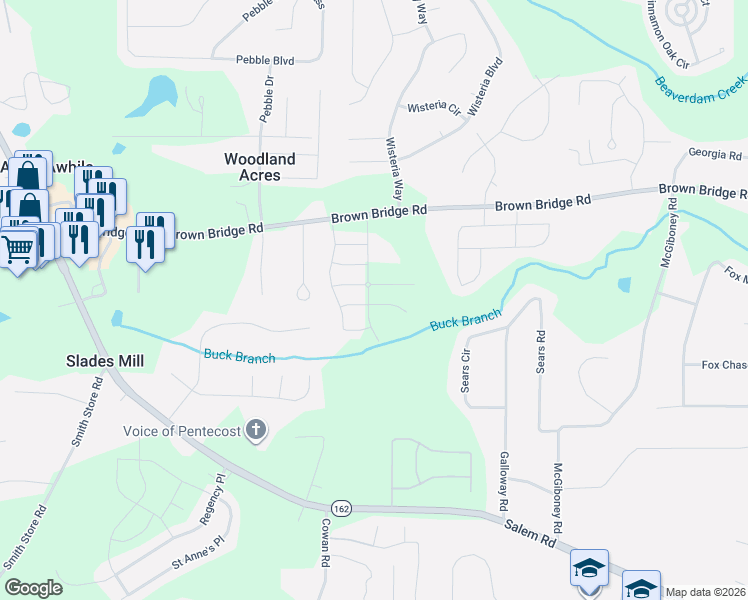 map of restaurants, bars, coffee shops, grocery stores, and more near 105 Bonito Trail in Covington