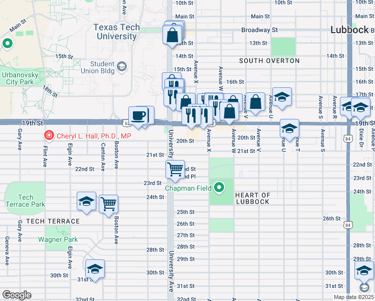 map of restaurants, bars, coffee shops, grocery stores, and more near 2426 21st Street in Lubbock