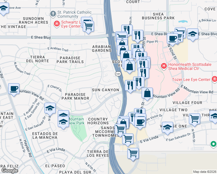 map of restaurants, bars, coffee shops, grocery stores, and more near 8700 East Mountain View Road in Scottsdale