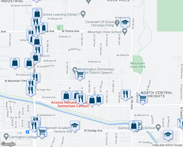 map of restaurants, bars, coffee shops, grocery stores, and more near 9830 North 13th Avenue in Phoenix