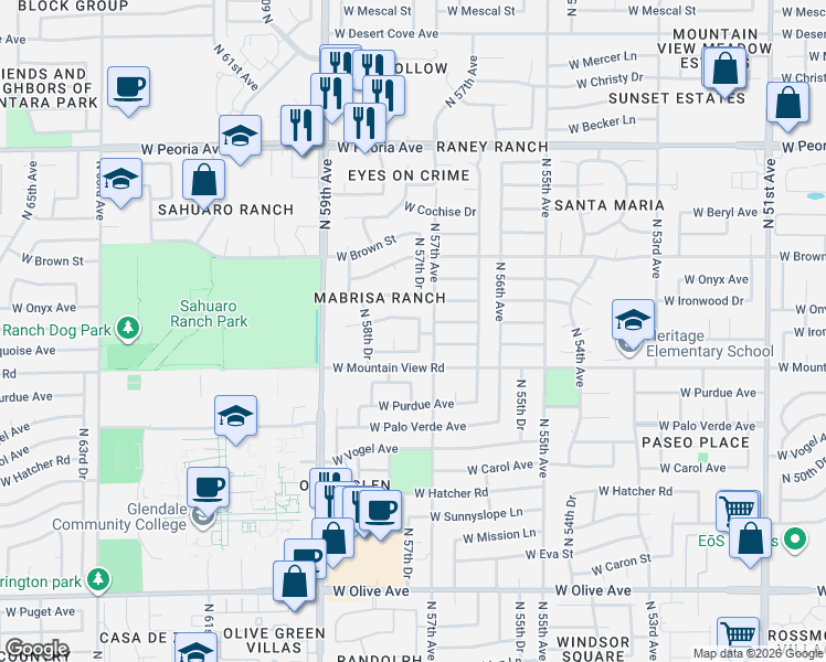 map of restaurants, bars, coffee shops, grocery stores, and more near 9925 North 57th Drive in Glendale