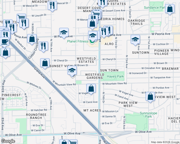 map of restaurants, bars, coffee shops, grocery stores, and more near 7603 West Cinnabar Avenue in Peoria