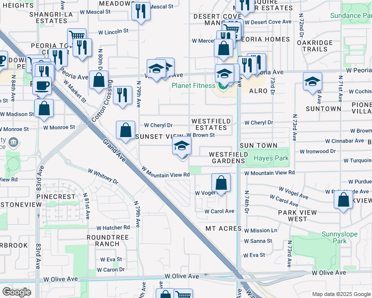 map of restaurants, bars, coffee shops, grocery stores, and more near 7725 West Cinnabar Avenue in Peoria